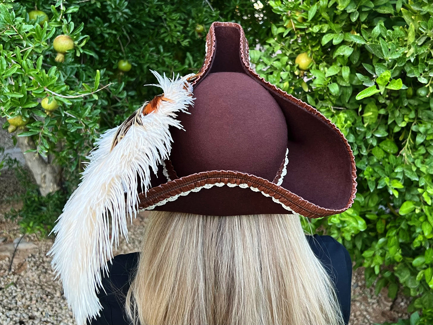 Tricorn Hat 22.5" Brown Wool Base with Leather Trim, Feathers, and Gold Brooch