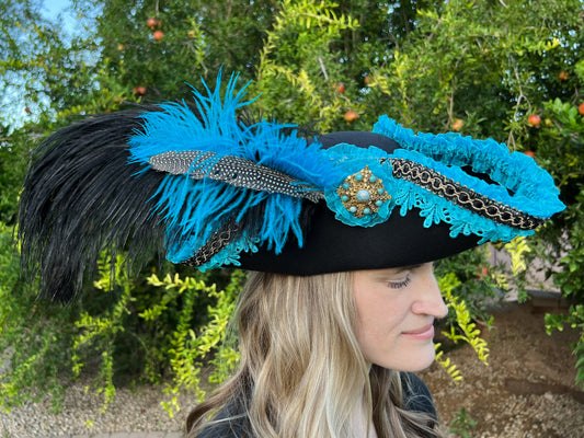 Tricorn Hat 21.25" Black Polyester Base with Turquoise Trim, Feathers, and Brooch