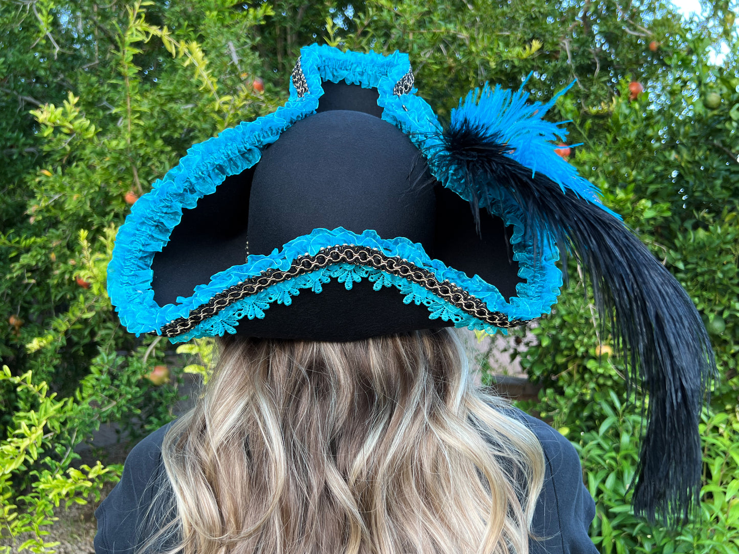 Tricorn Hat 21.25" Black Polyester Base with Turquoise Trim, Feathers, and Brooch