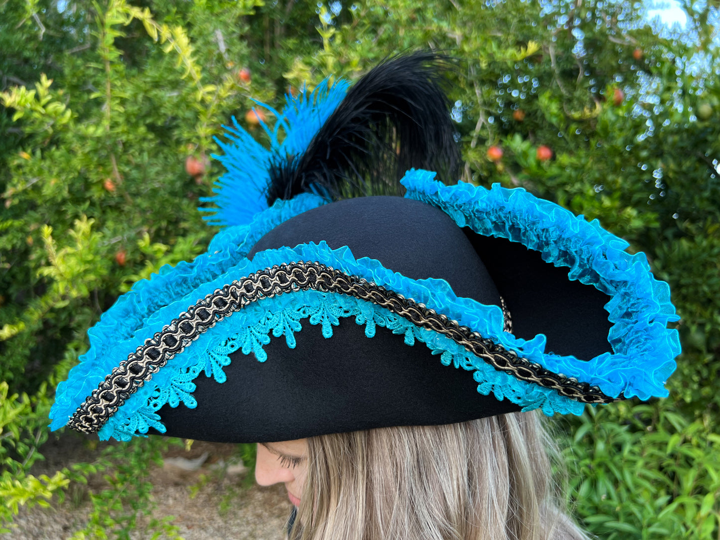 Tricorn Hat 21.25" Black Polyester Base with Turquoise Trim, Feathers, and Brooch