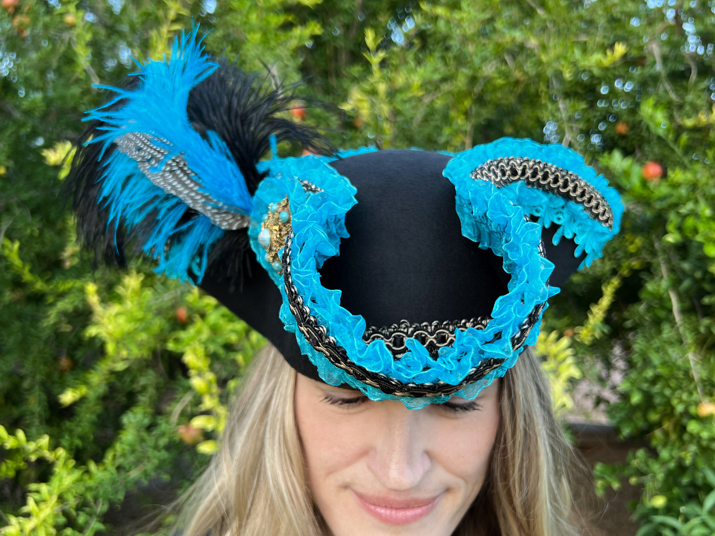 Tricorn Hat 21.25" Black Polyester Base with Turquoise Trim, Feathers, and Brooch