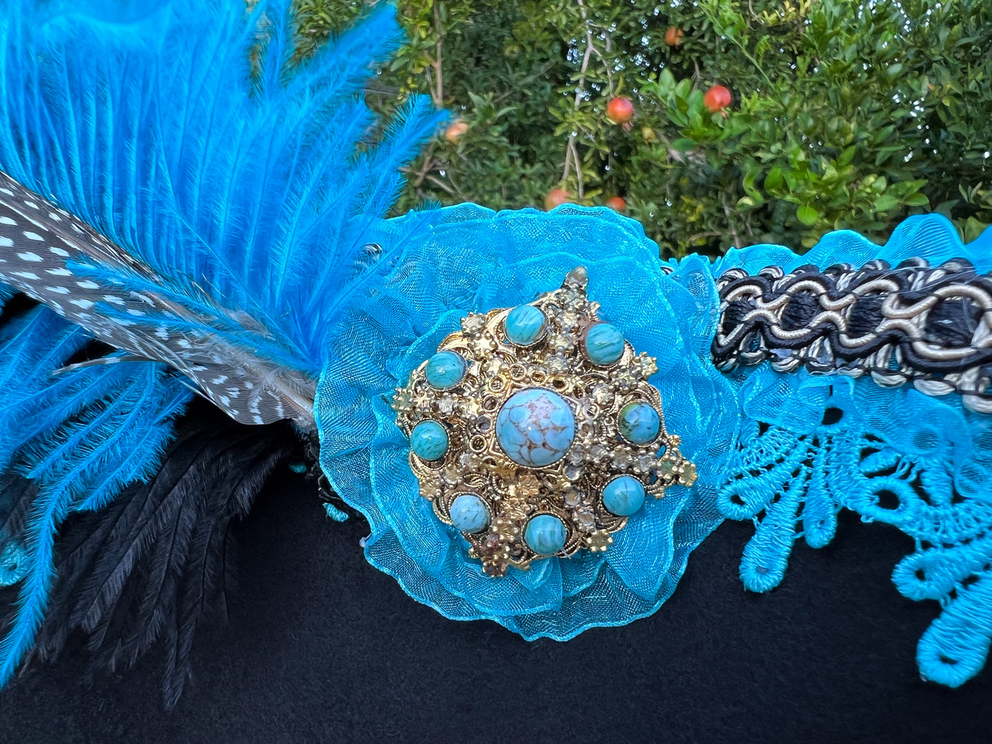 Tricorn Hat 21.25" Black Polyester Base with Turquoise Trim, Feathers, and Brooch