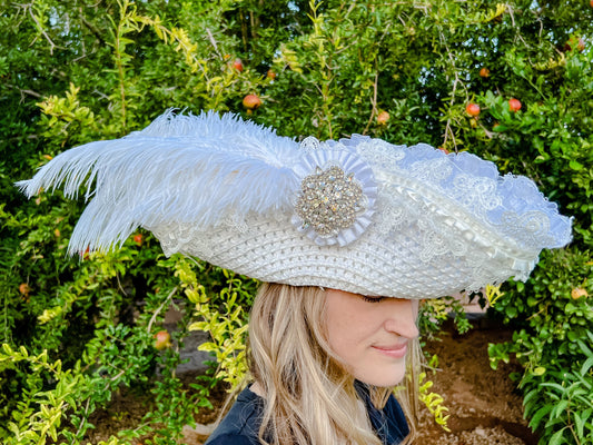 Tricorn Hat 22" White Straw Base with Wedding Trim, Feathers, and Brooch