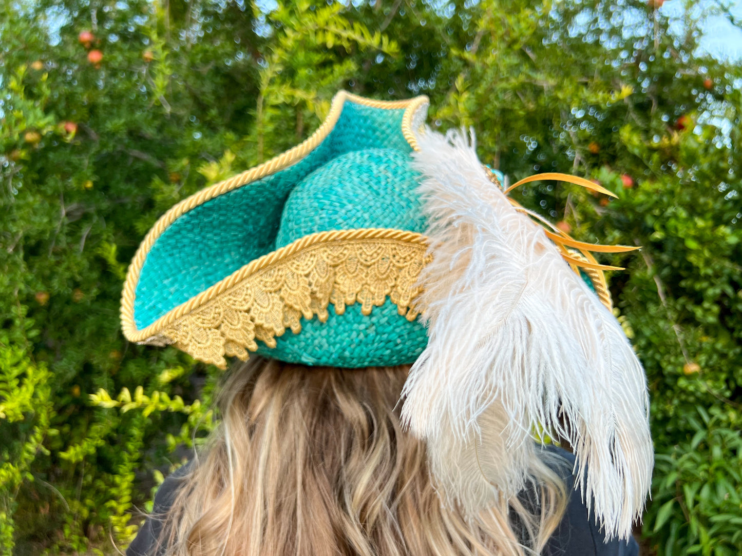 Tricorn Hat 23" Turquoise Straw Base with Gold Trim, Feathers, and Starfish Brooch