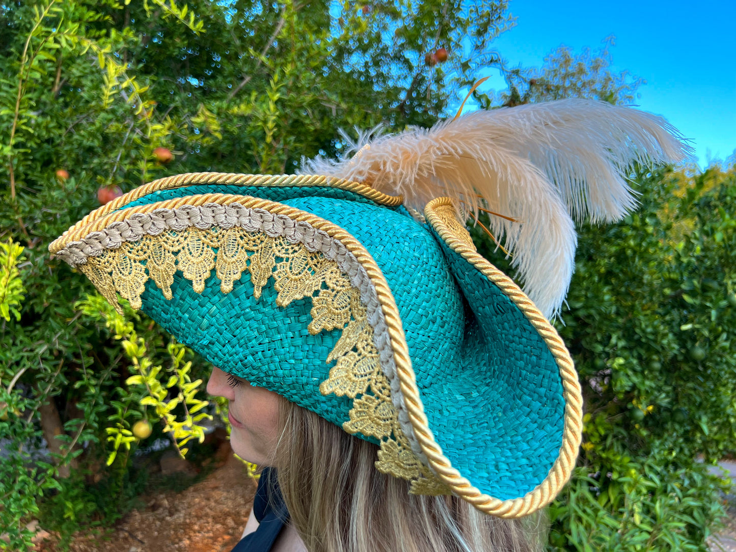 Tricorn Hat 23" Turquoise Straw Base with Gold Trim, Feathers, and Starfish Brooch