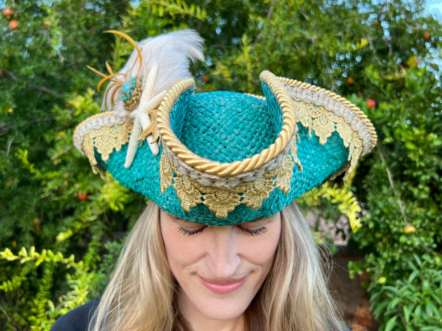 Tricorn Hat 23" Turquoise Straw Base with Gold Trim, Feathers, and Starfish Brooch