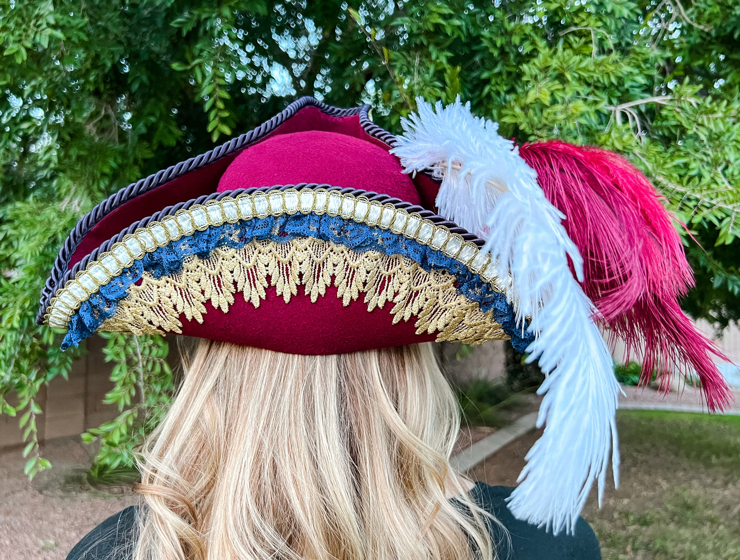 Tricorn Hat 21.75" Maroon Polyester Base with Gold/Navy Trim, Feathers, and Brooch