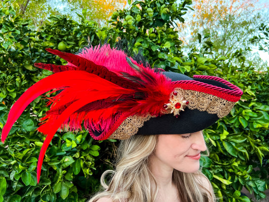Tricorn Hat 22" Black Polyester Base with Red Trim, Feathers, and Maltese Brooch