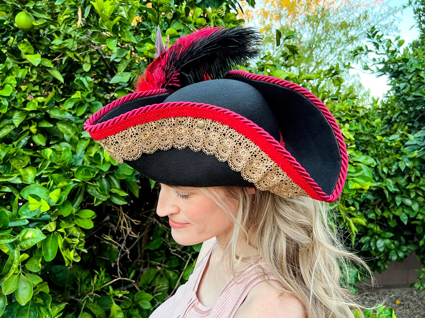 Tricorn Hat 22" Black Polyester Base with Red Trim, Feathers, and Maltese Brooch