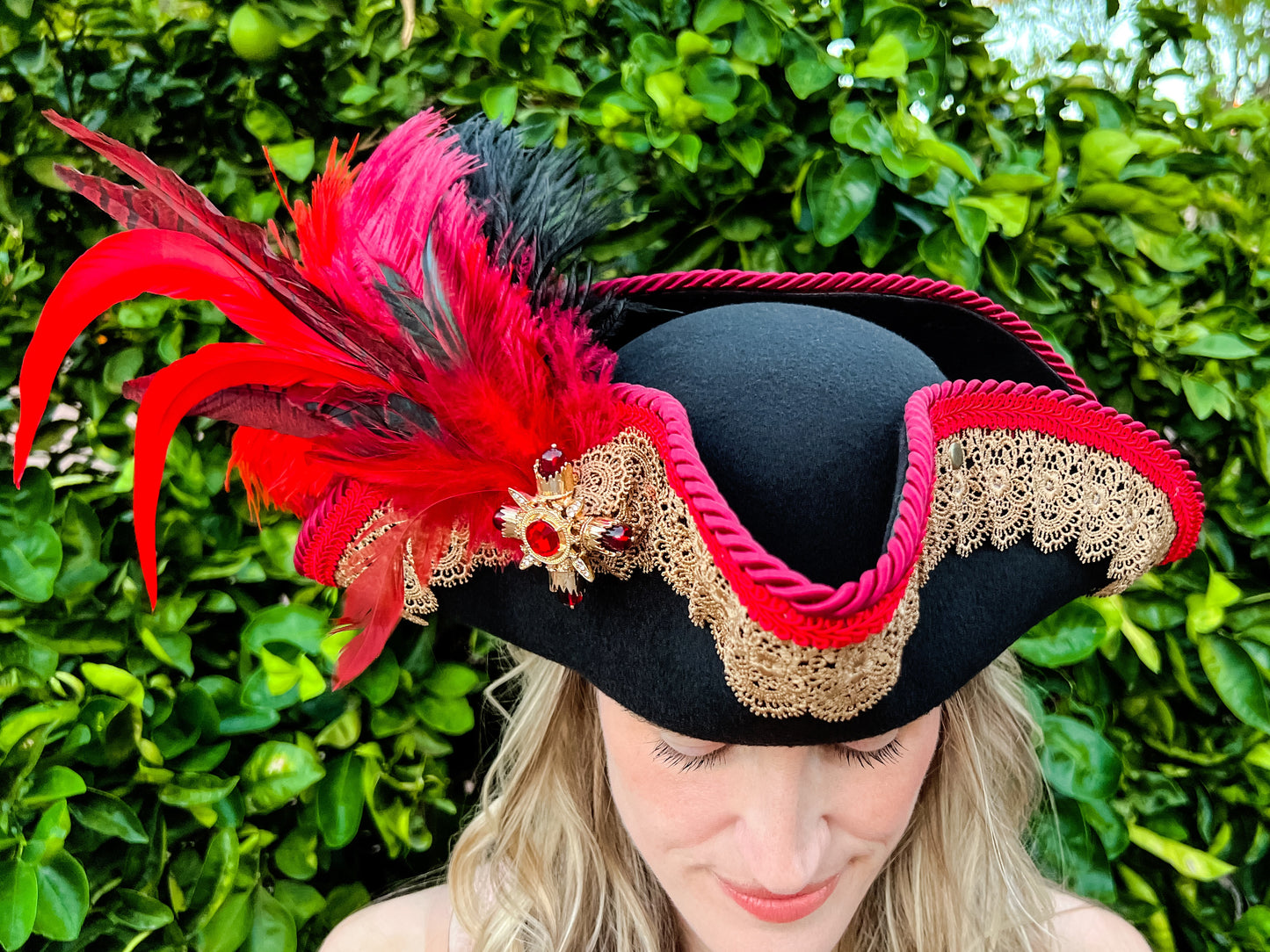 Tricorn Hat 22" Black Polyester Base with Red Trim, Feathers, and Maltese Brooch