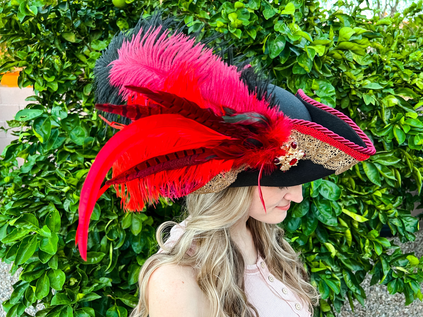 Tricorn Hat 22" Black Polyester Base with Red Trim, Feathers, and Maltese Brooch