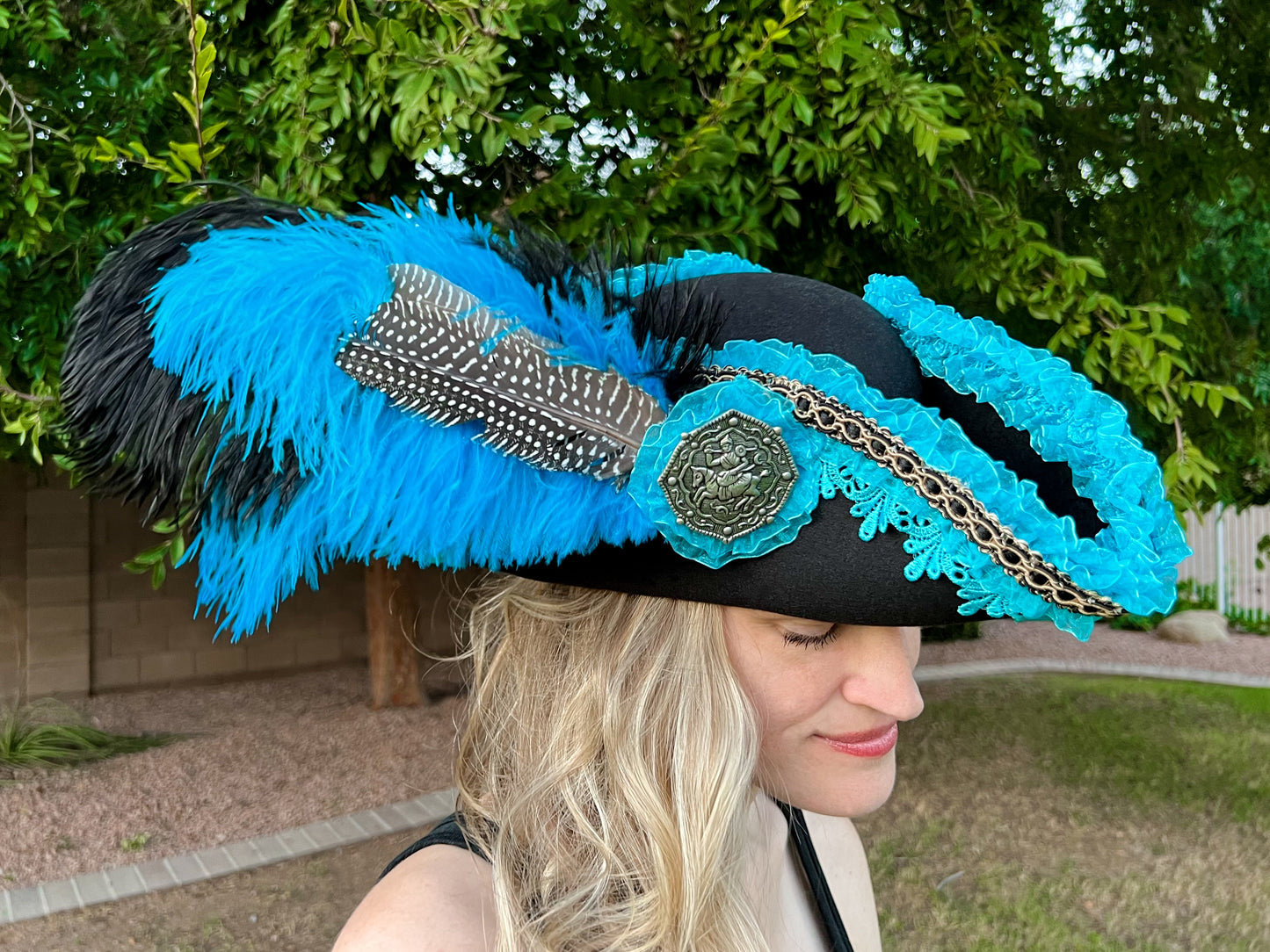 Tricorn Hat 21.25" Black Polyester Base with Turquoise Trim, Feathers, and Brooch