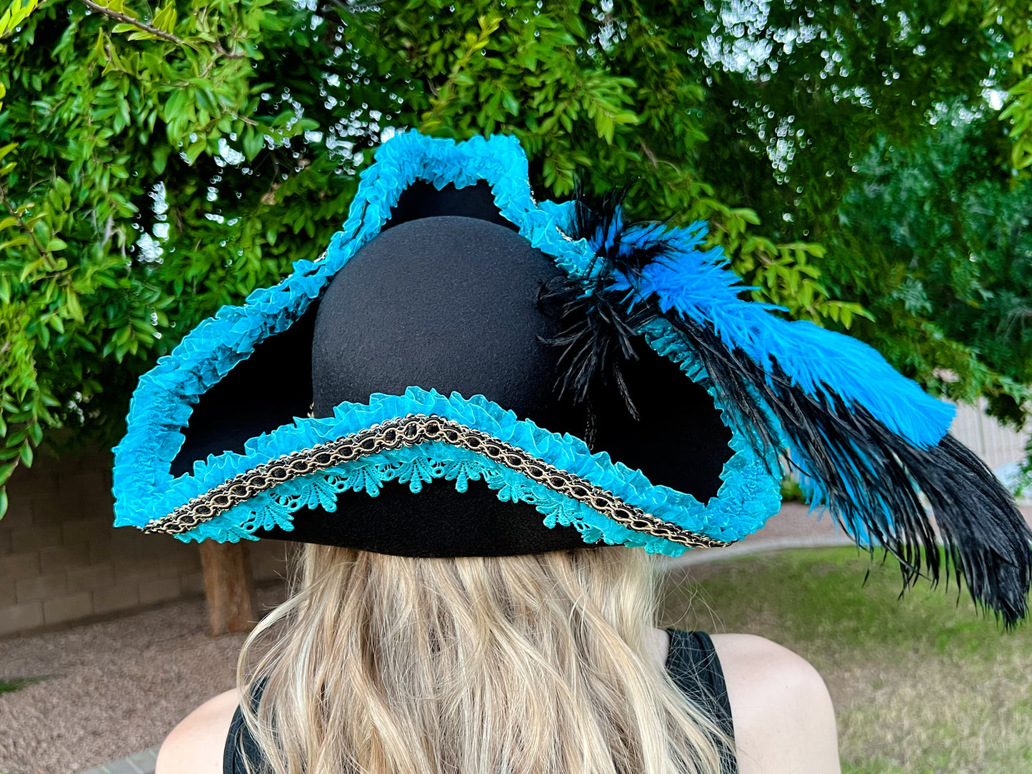 Tricorn Hat 21.25" Black Polyester Base with Turquoise Trim, Feathers, and Brooch