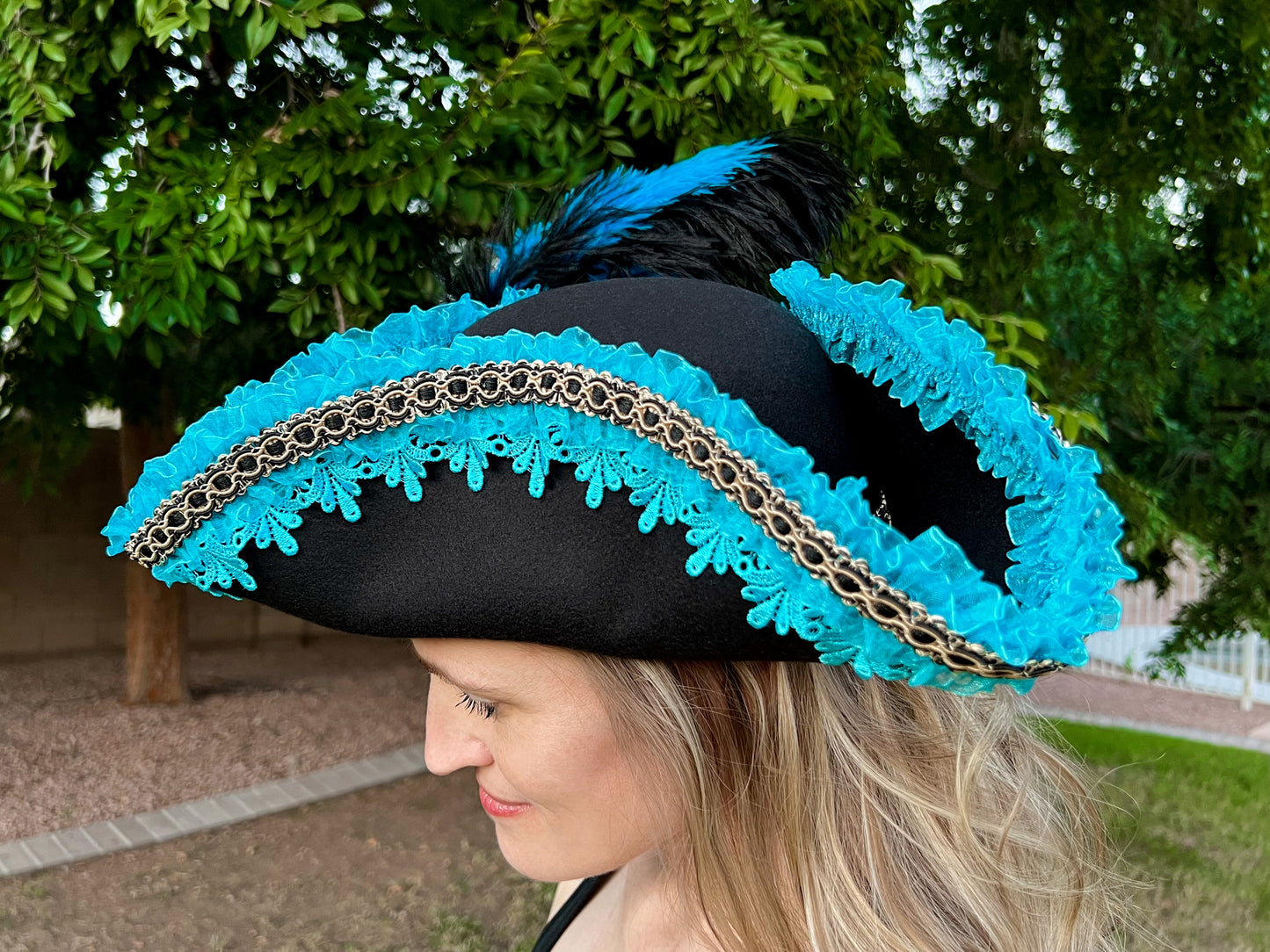 Tricorn Hat 21.25" Black Polyester Base with Turquoise Trim, Feathers, and Brooch