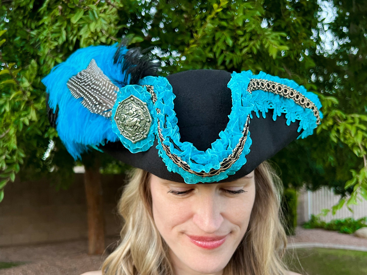 Tricorn Hat 21.25" Black Polyester Base with Turquoise Trim, Feathers, and Brooch