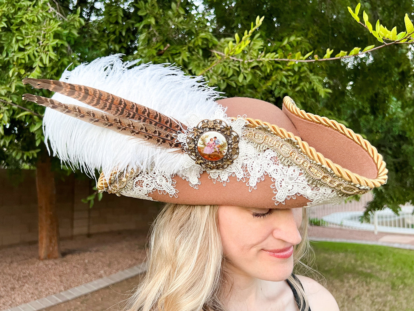 Tricorn Hat 22" Brown Wool Base with Sage/White Trim, Feathers, and Colonial Brooch