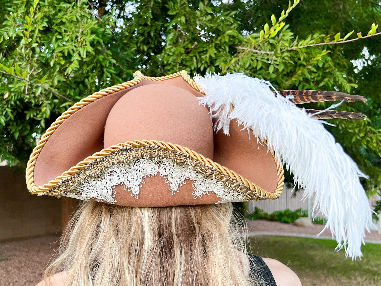 Tricorn Hat 22" Brown Wool Base with Sage/White Trim, Feathers, and Colonial Brooch