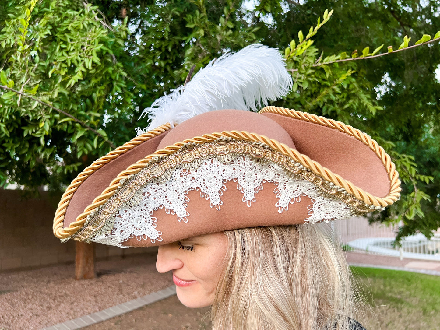 Tricorn Hat 22" Brown Wool Base with Sage/White Trim, Feathers, and Colonial Brooch