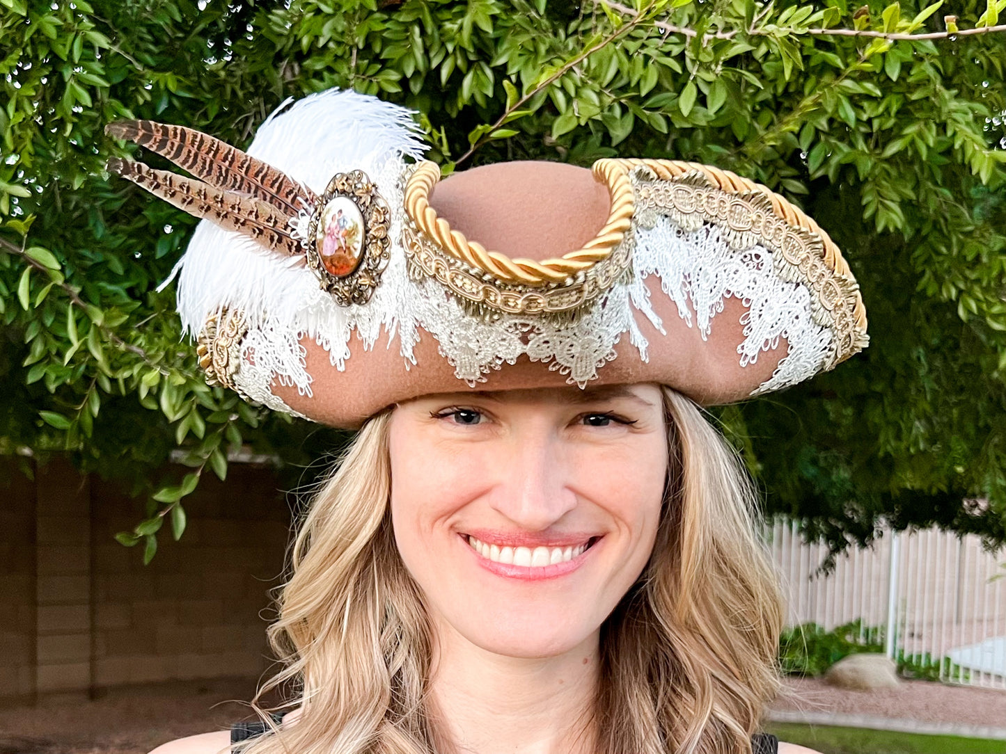 Tricorn Hat 22" Brown Wool Base with Sage/White Trim, Feathers, and Colonial Brooch