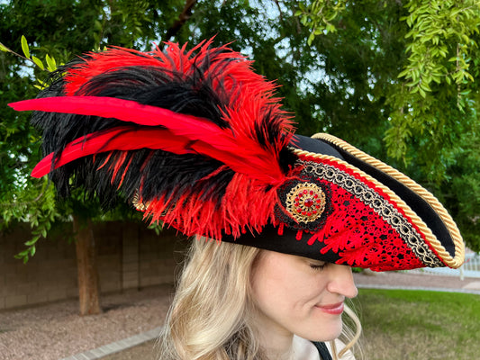 Tricorn Hat 21.75" Black Polyester Base with Red Trim, Feathers, and Gold Brooch