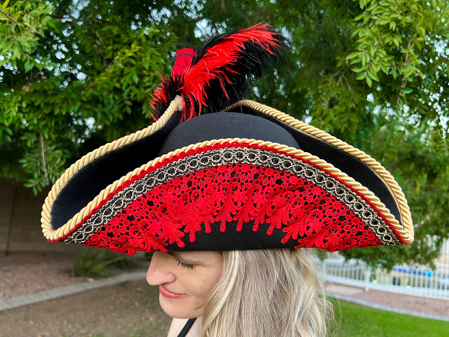 Tricorn Hat 21.75" Black Polyester Base with Red Trim, Feathers, and Gold Brooch