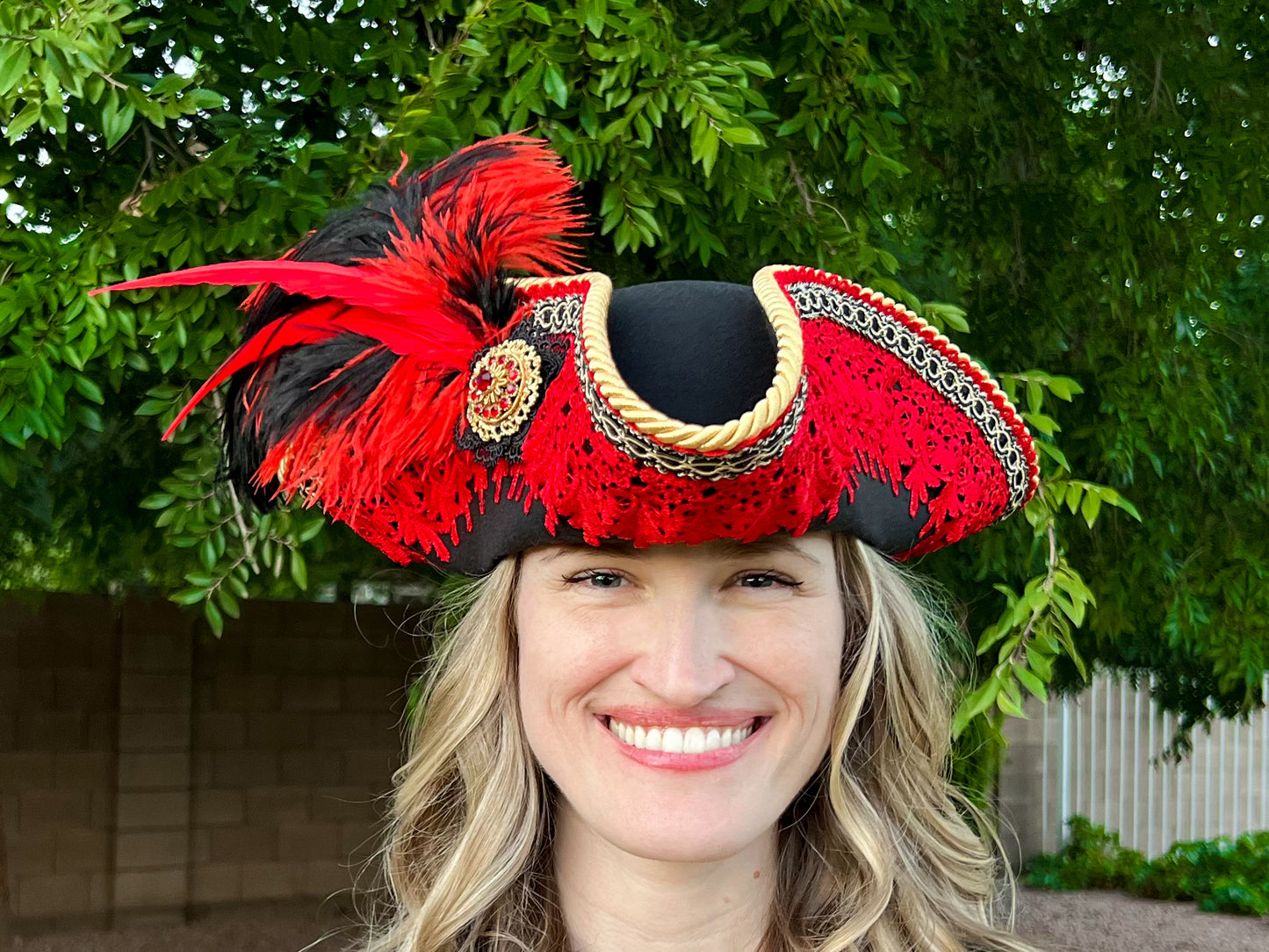 Tricorn Hat 21.75" Black Polyester Base with Red Trim, Feathers, and Gold Brooch