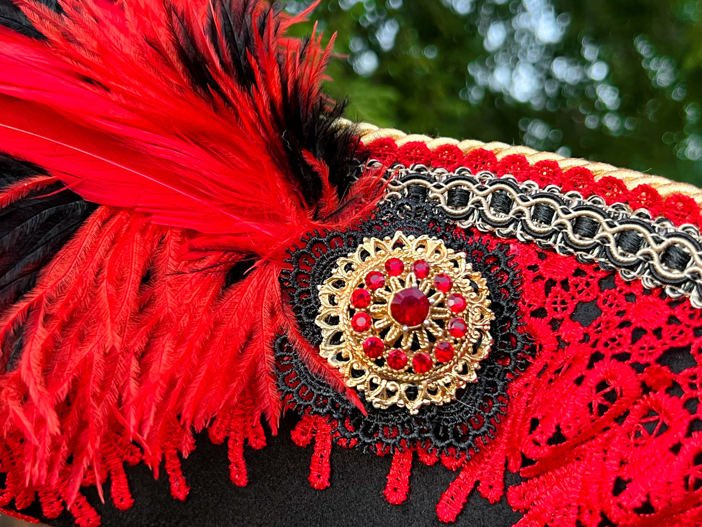 Tricorn Hat 21.75" Black Polyester Base with Red Trim, Feathers, and Gold Brooch