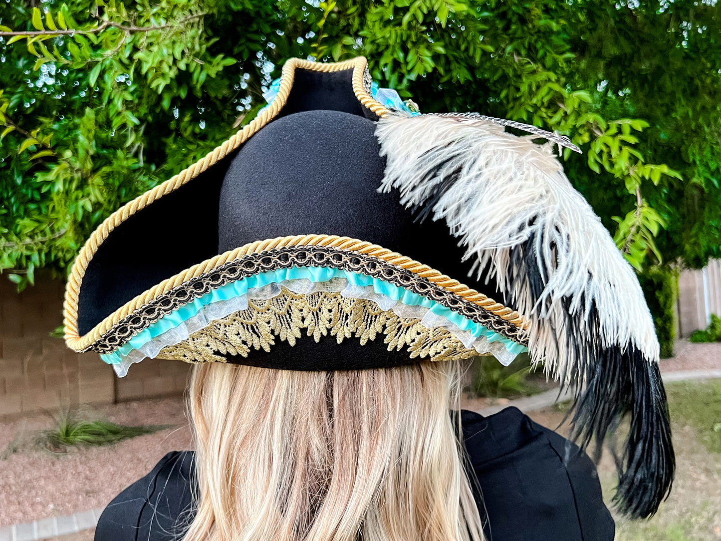 Tricorn Hat 22" Black Polyester Base with Gold Trim, Feathers, and Turquoise Brooch