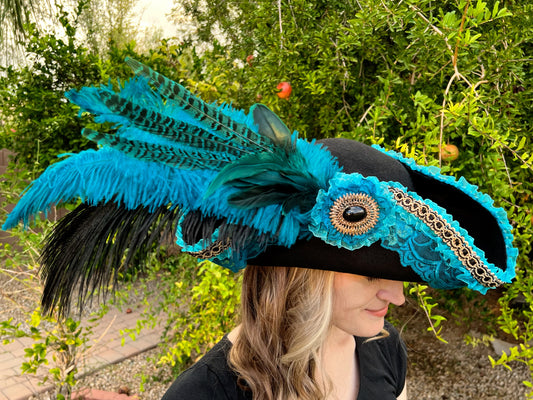 Tricorn Hat 24" Black Wool Base with Teal Trim, Feathers, and Cabochon Brooch