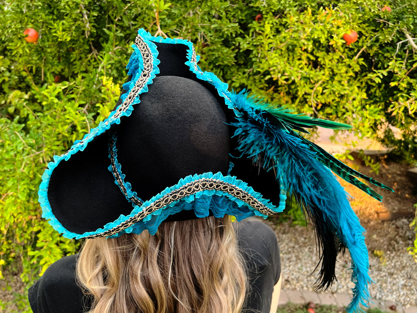 Tricorn Hat 24" Black Wool Base with Teal Trim, Feathers, and Cabochon Brooch