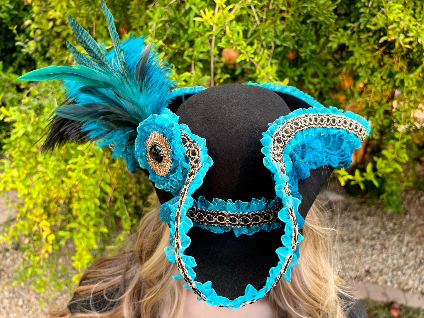 Tricorn Hat 24" Black Wool Base with Teal Trim, Feathers, and Cabochon Brooch