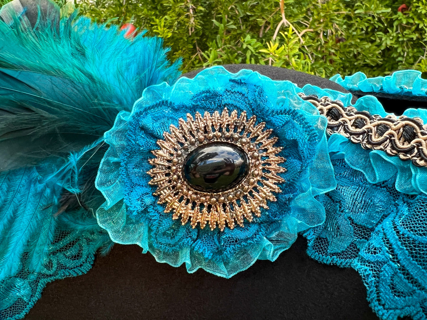 Tricorn Hat 24" Black Wool Base with Teal Trim, Feathers, and Cabochon Brooch