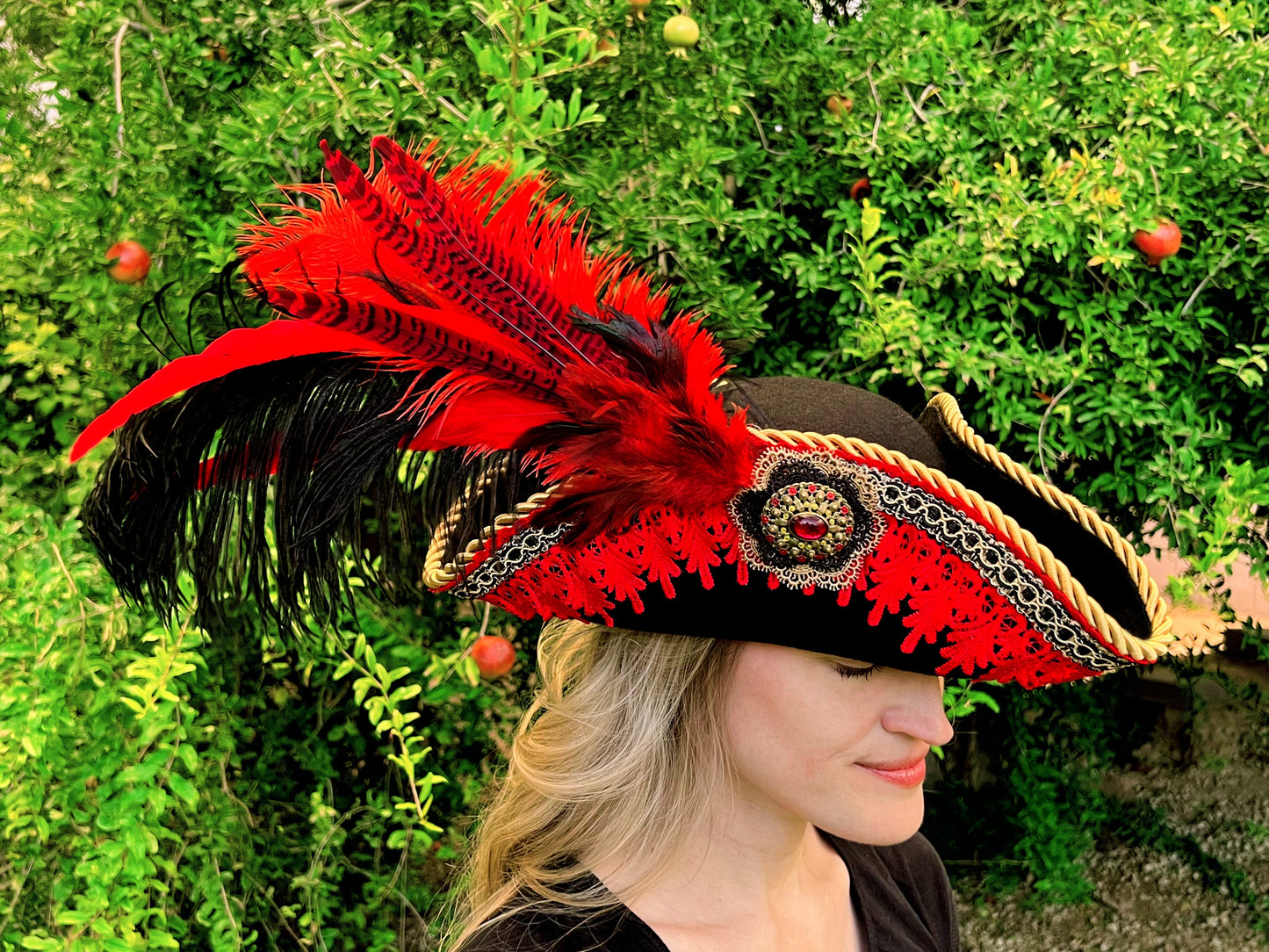 Tricorn Hat 23.25" Black Polyester Base with Red Trim, Feathers, and Gold Brooch