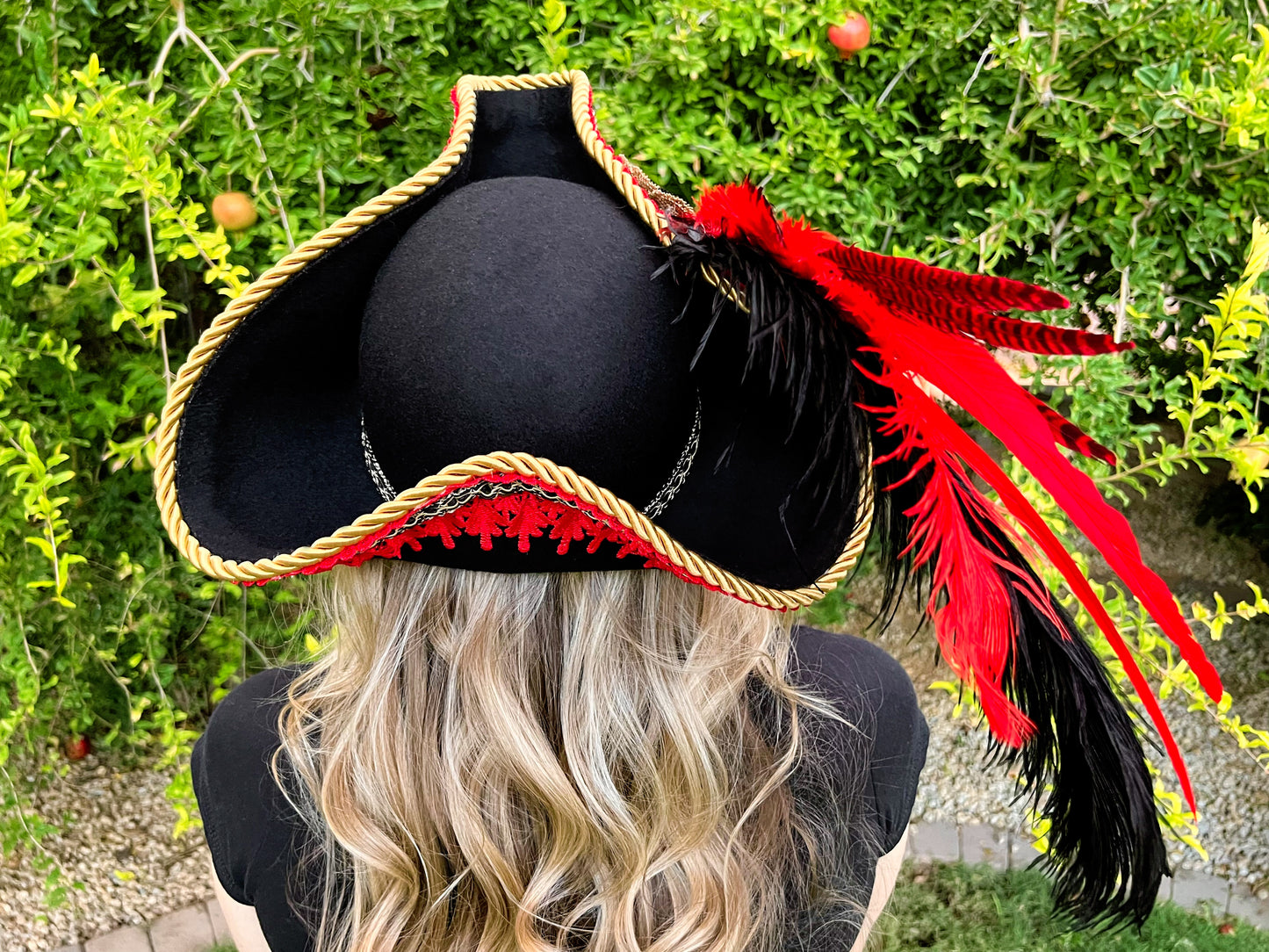 Tricorn Hat 23.25" Black Polyester Base with Red Trim, Feathers, and Gold Brooch