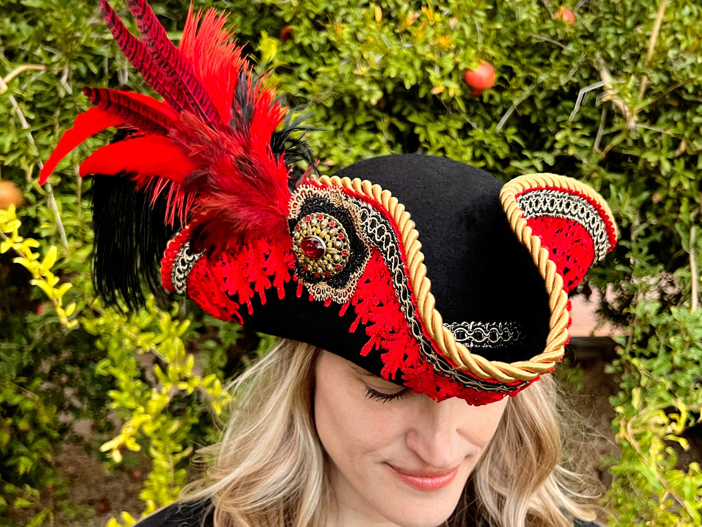 Tricorn Hat 23.25" Black Polyester Base with Red Trim, Feathers, and Gold Brooch