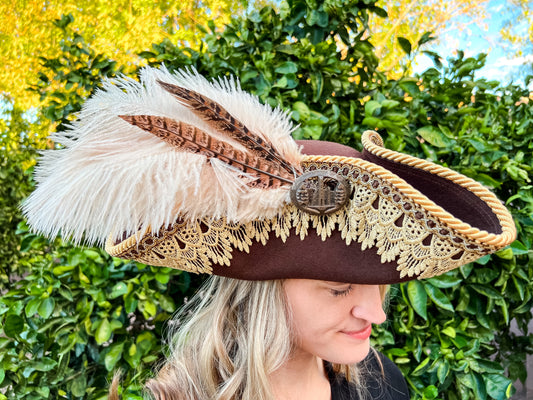 Tricorn Hat 22" Brown Wool Base with Gold Trim, Feathers, and Castle Brooch