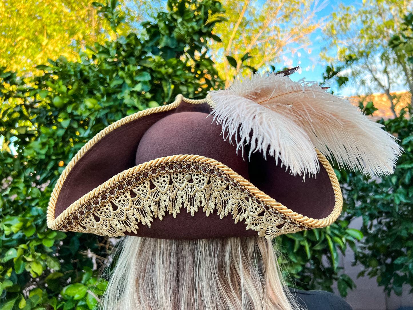 Tricorn Hat 22" Brown Wool Base with Gold Trim, Feathers, and Castle Brooch