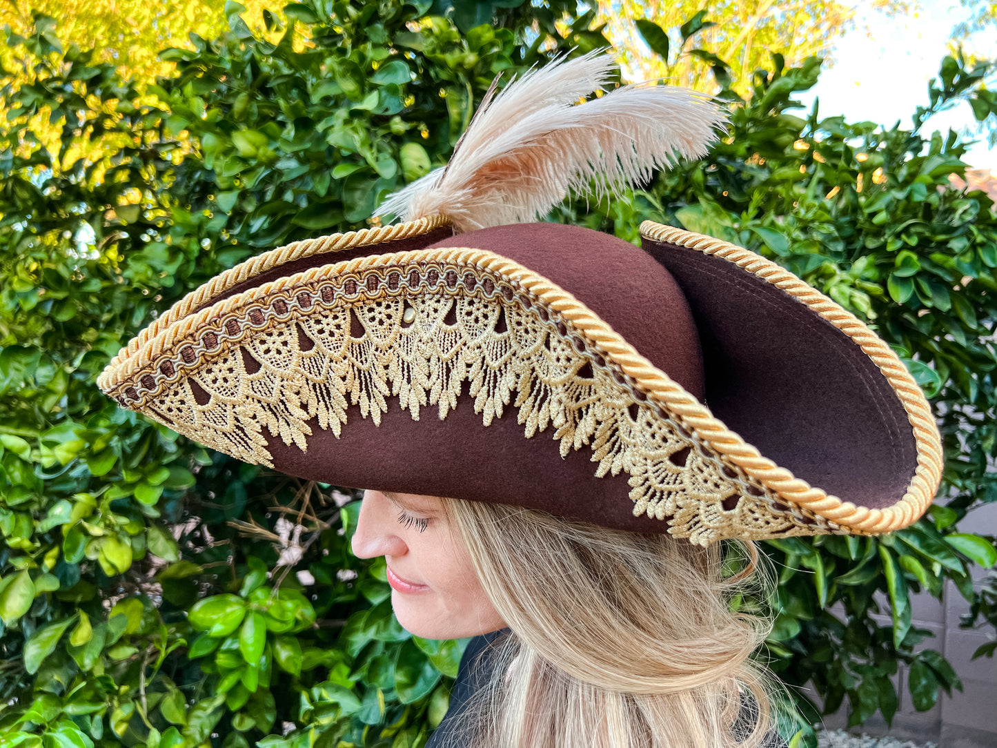 Tricorn Hat 22" Brown Wool Base with Gold Trim, Feathers, and Castle Brooch