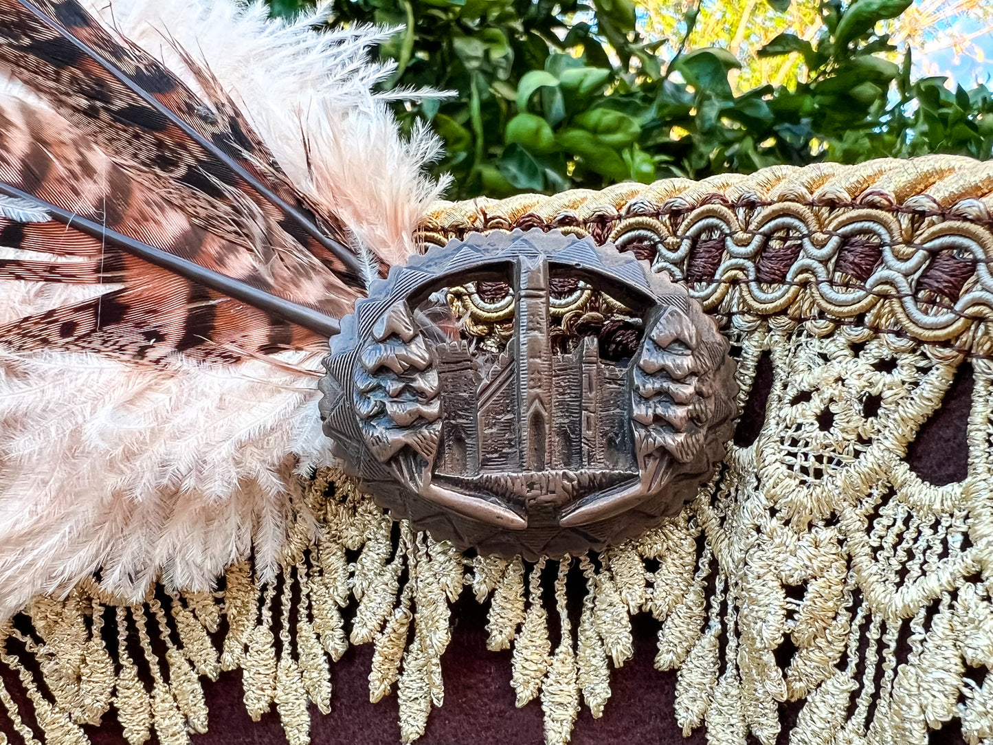 Tricorn Hat 22" Brown Wool Base with Gold Trim, Feathers, and Castle Brooch