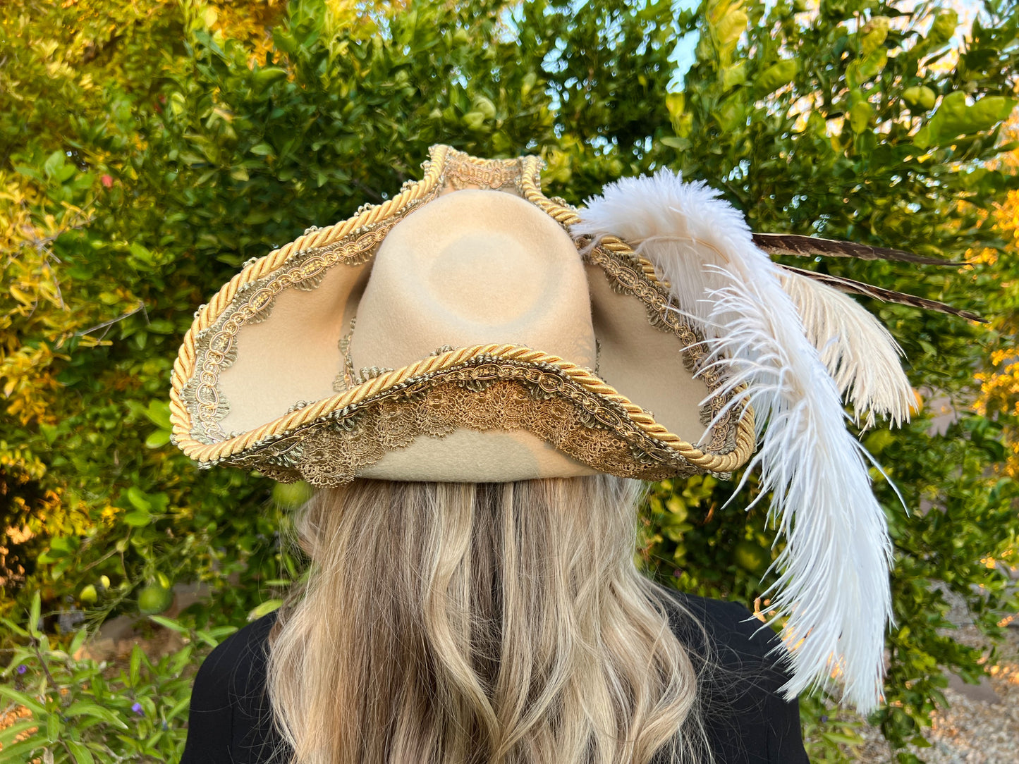 Tricorn Hat 21.75" Beige Wool Base with Sage/Gold Trim, Feathers, and Pearl Brooch