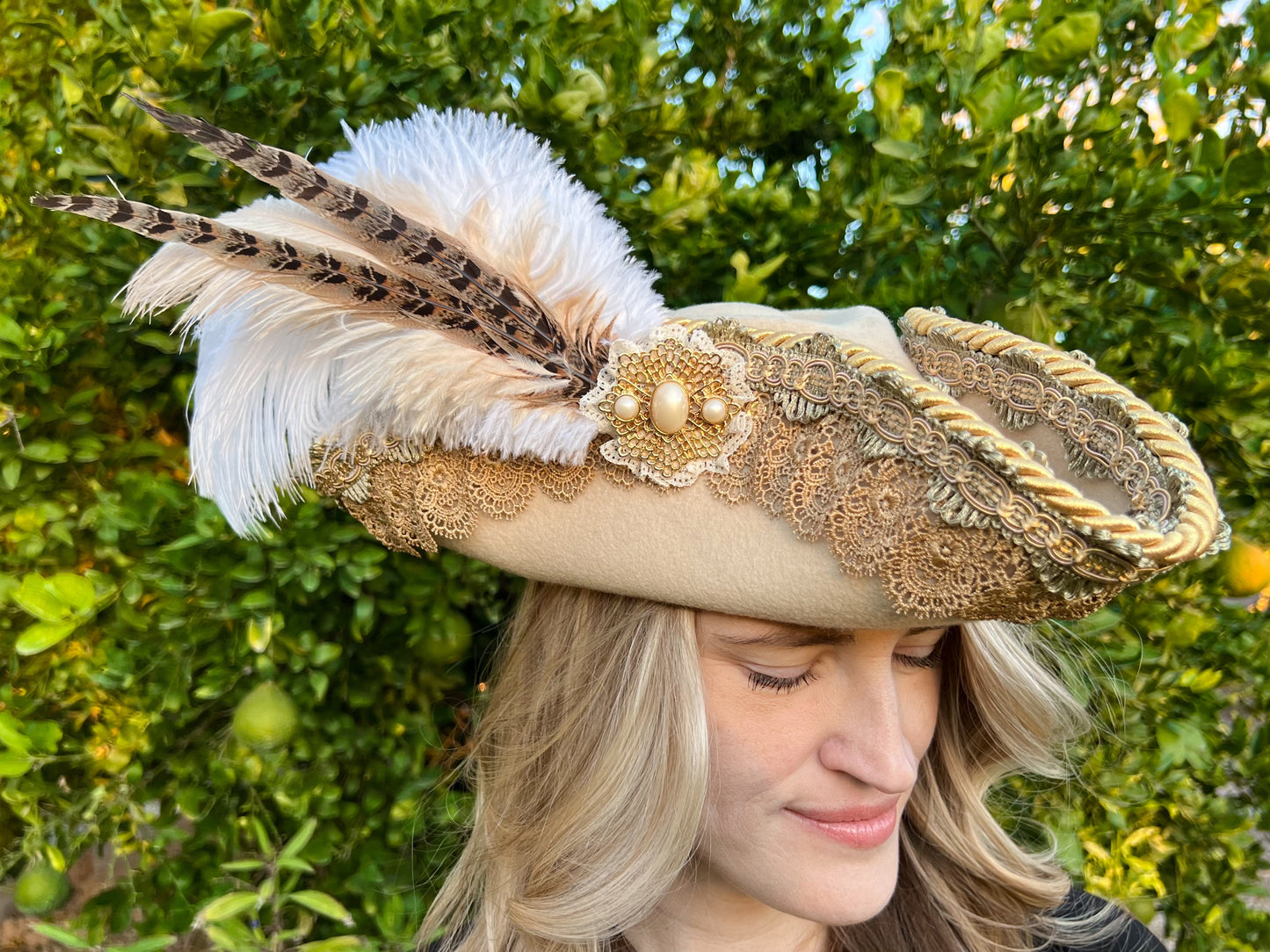 Tricorn Hat 21.75" Beige Wool Base with Sage/Gold Trim, Feathers, and Pearl Brooch