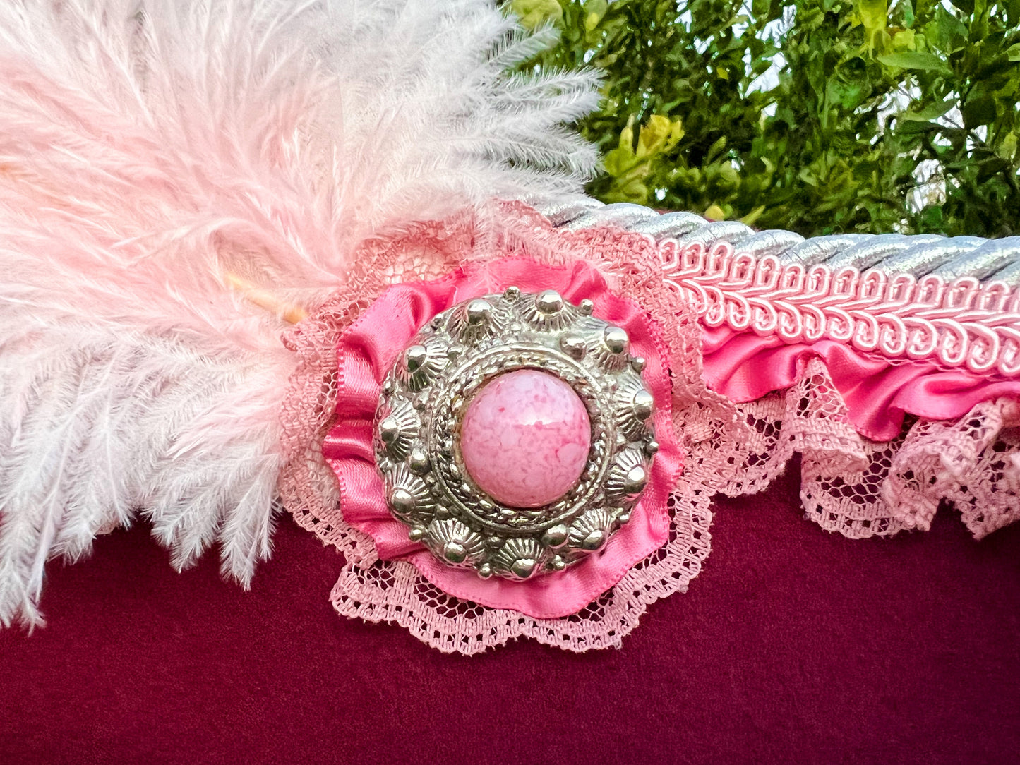 Tricorn Hat 22" Maroon Polyester Base with Pink Trim, Feathers, and Silver Brooch