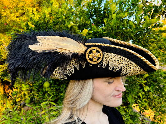 Tricorn Hat 22" Black Polyester Base with Gold Trim, Feathers, and Military Brooch