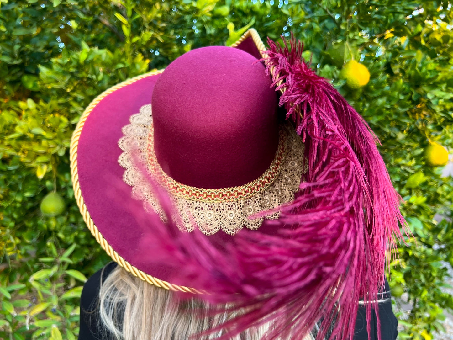 Cavalier Hat 22" Maroon Polyester Base with Gold Trim, Feathers, and Pearl Brooch