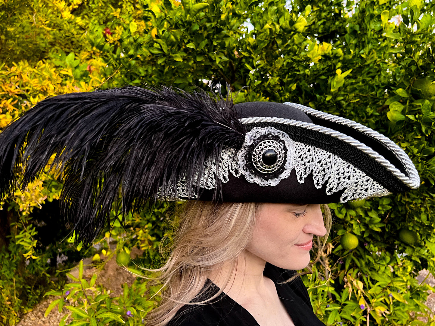 Tricorn Hat 22" Black Polyester Base with Silver Trim, Feathers, and Cabochon Brooch