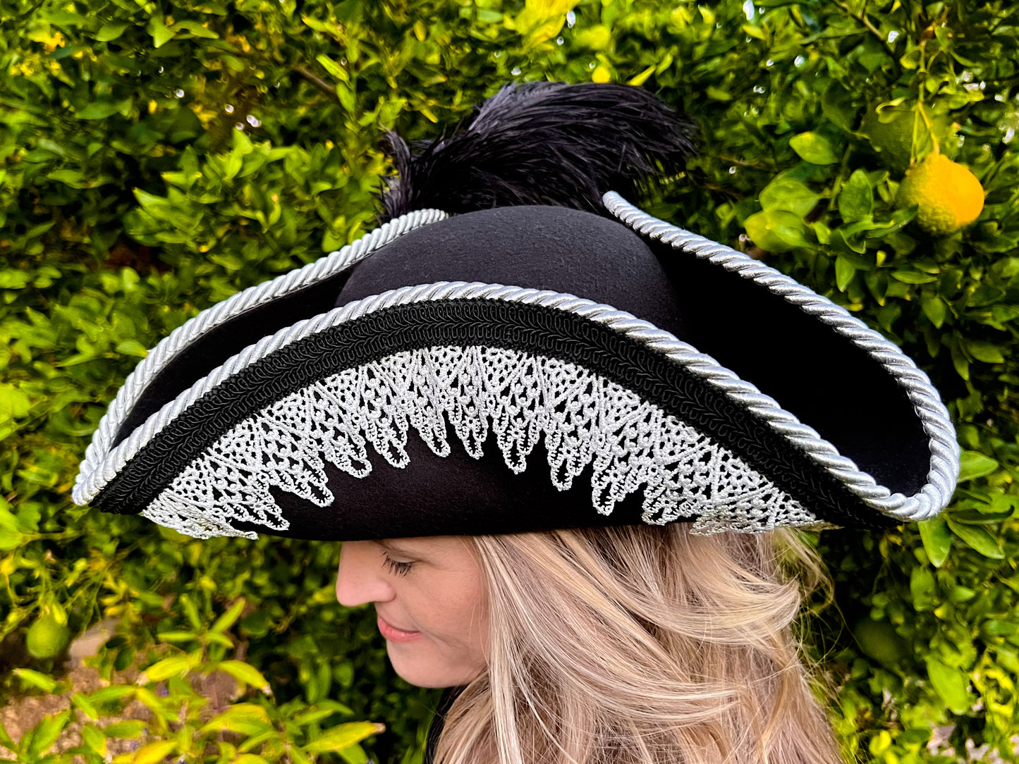 Tricorn Hat 22" Black Polyester Base with Silver Trim, Feathers, and Cabochon Brooch