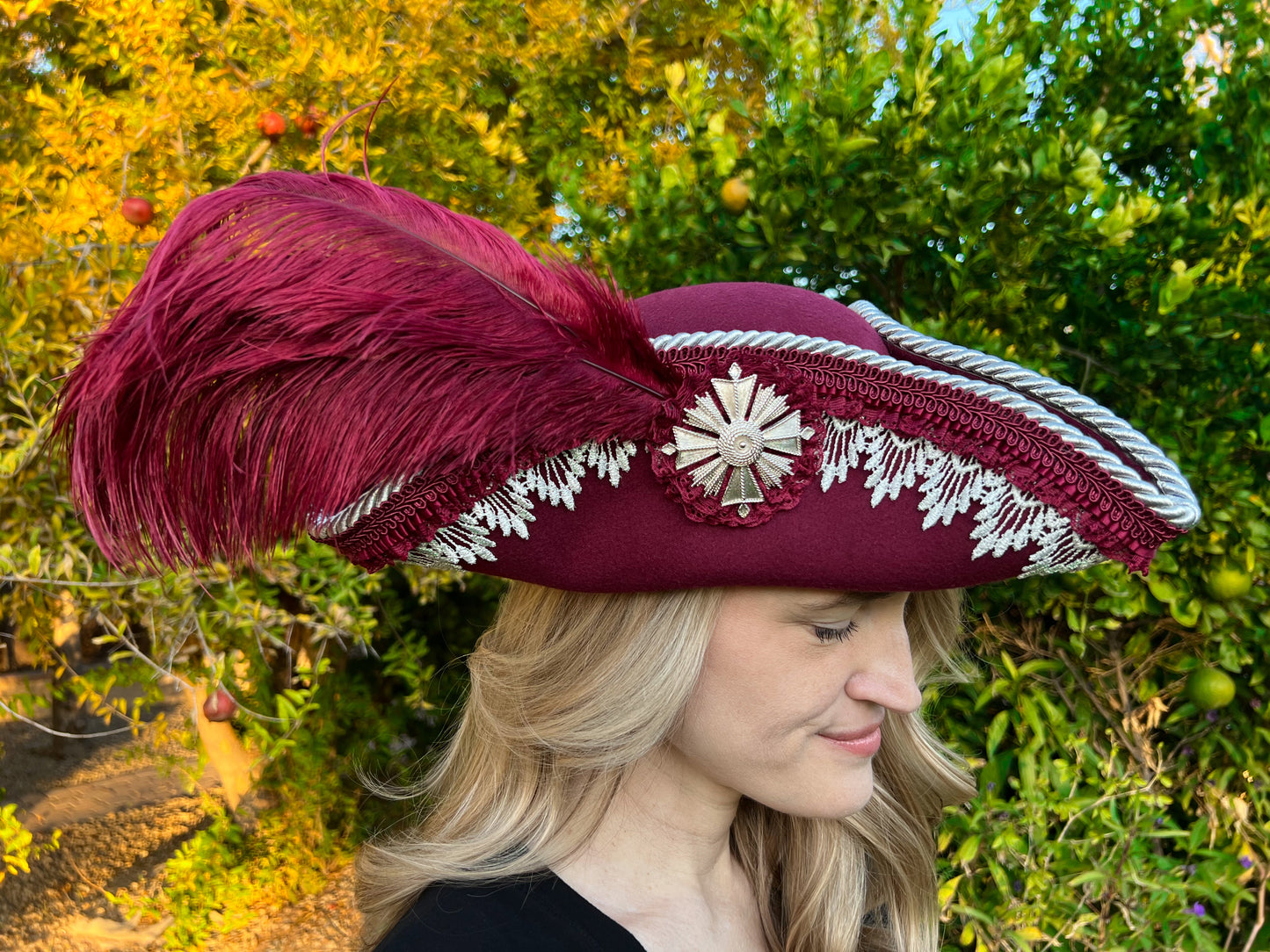 Tricorn Hat 22" Maroon Polyester Base with Silver Trim, Feathers, and Brooch