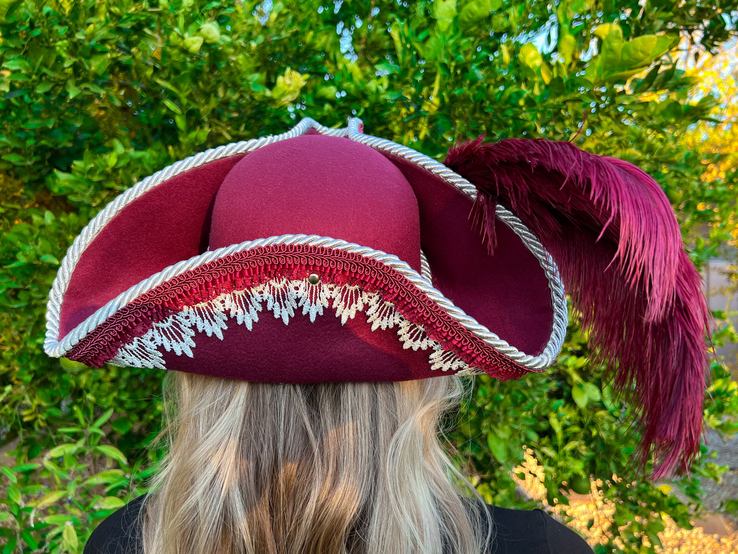 Tricorn Hat 22" Maroon Polyester Base with Silver Trim, Feathers, and Brooch