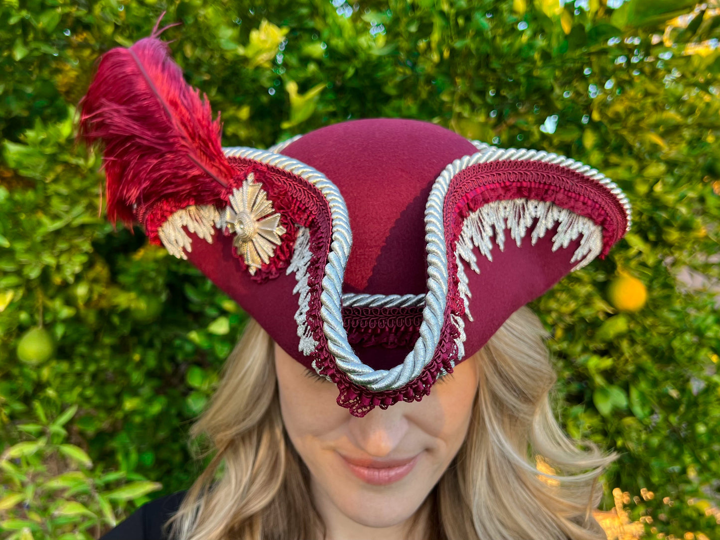 Tricorn Hat 22" Maroon Polyester Base with Silver Trim, Feathers, and Brooch