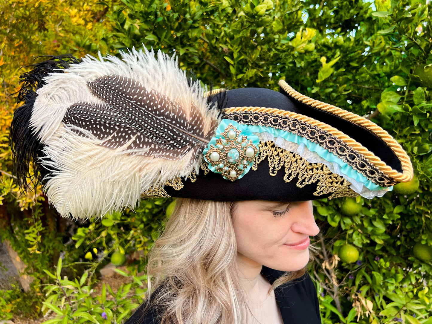 Tricorn Hat 22" Black Polyester Base with Gold Trim, Feathers, and Turquoise Brooch